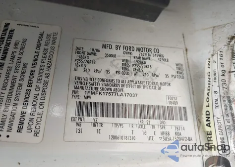 2007 Ford Expedition El Eddie Bauer из США, поврежденный, VIN 1FMFK17577LA17037